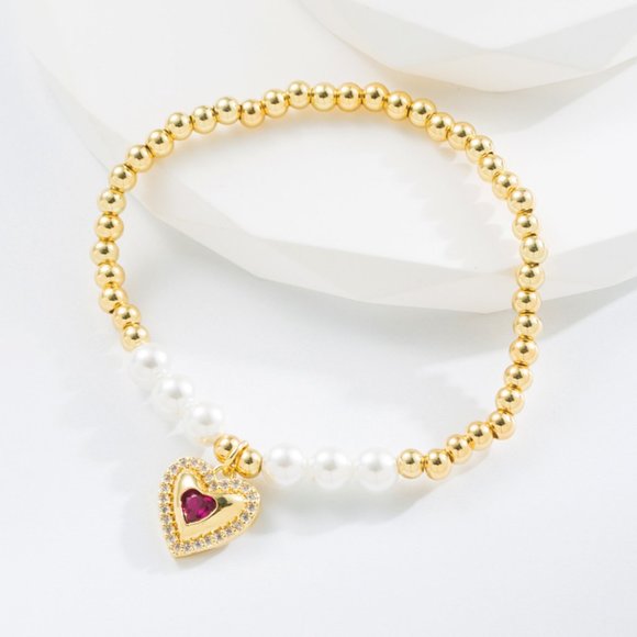 3/$35 Gold Plated Stretch Heart Charm Bracelet Copper Pearl Beads Cubic Zirconia - Picture 1 of 6
